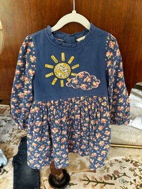 Mini Boden Navy Blue Floral Cloud & Sun Appliqué Cord Dress
